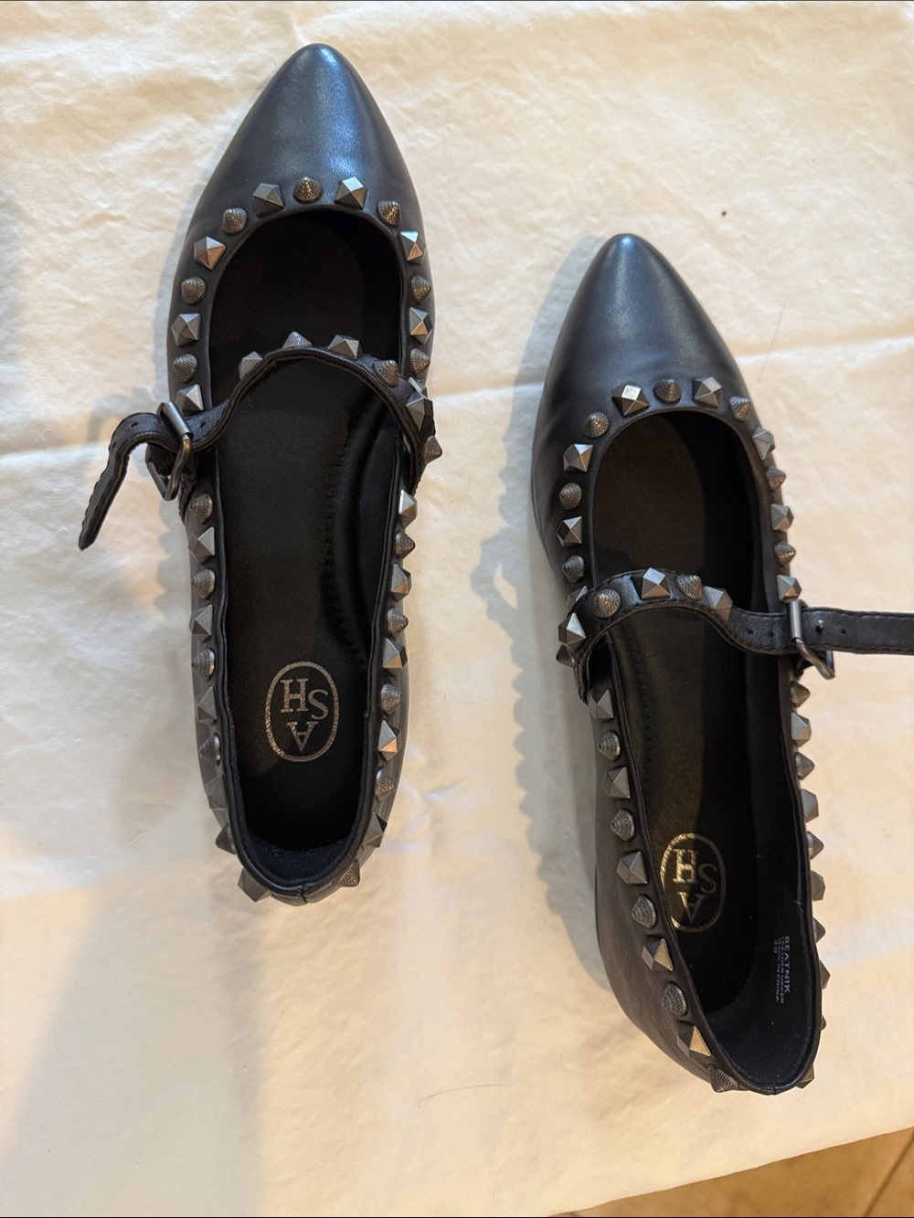 Ash Black Pointed Mary Jane Flats with Gunmetal Pyramid Studs